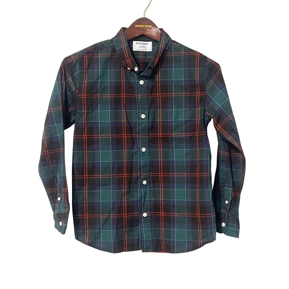 Old Navy Boys Navy Green Red Plaid Christmas Button Down Shirt L 10/12 1548AA